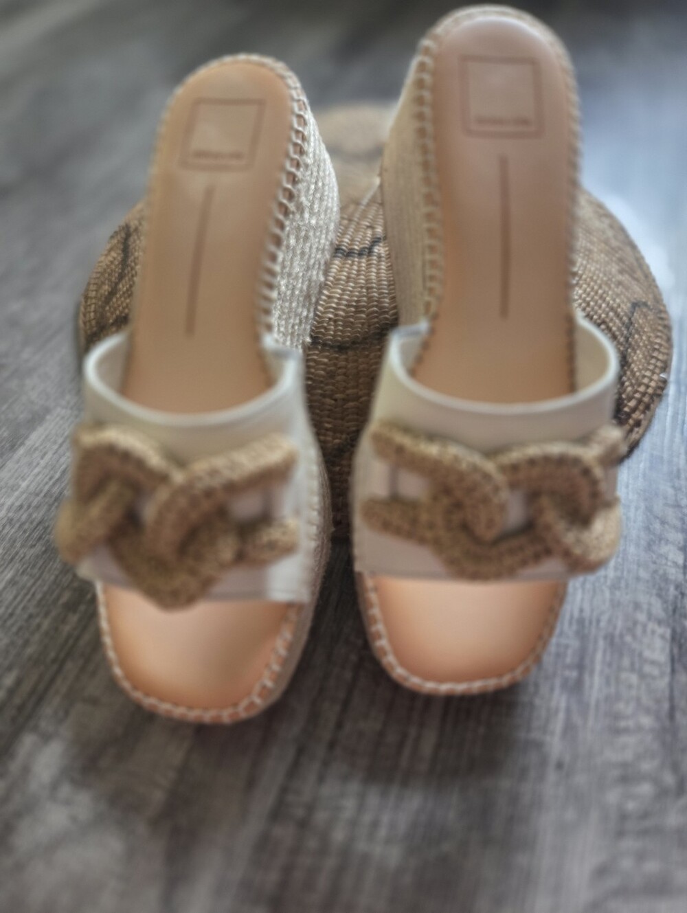 Dolce Vita Woven Chain-Accent Leather Slide Sandals in Beige